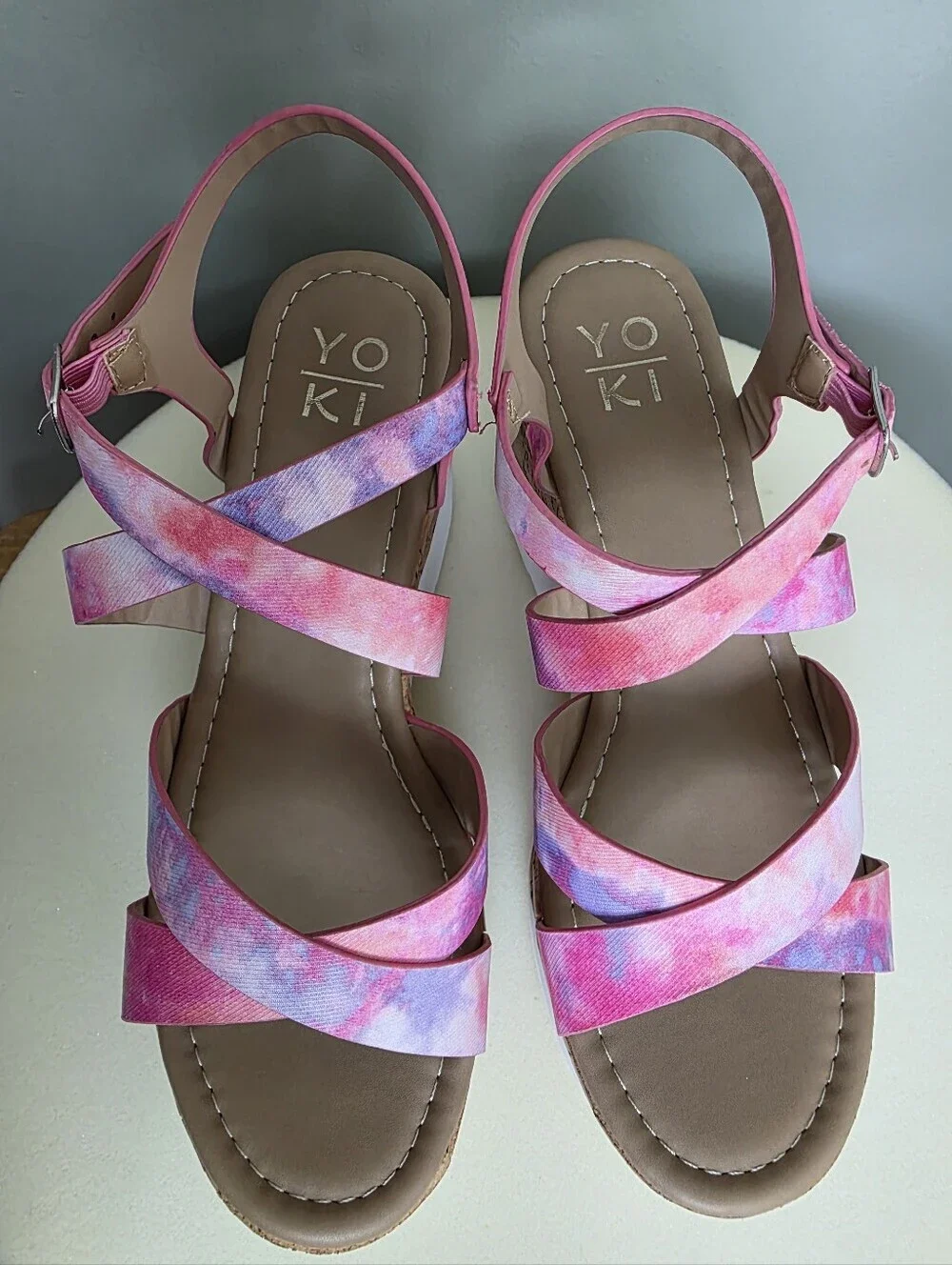 YOKI Jackie Pink Purple Tie Dye Strappy Platform Cork Wedge Sandals NEW Size 7.5